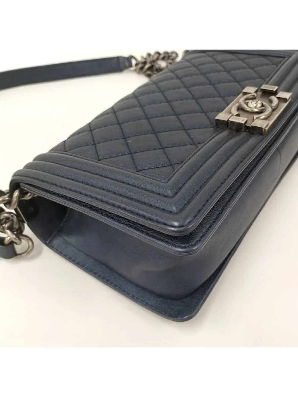 Chanel Boy Chain Shoulder Bag Leather Navy